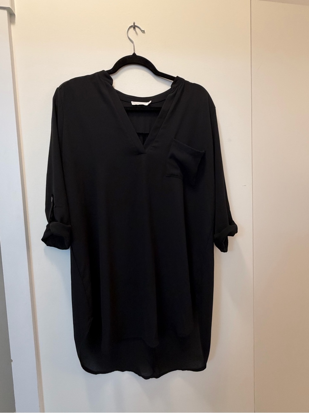 Lush Black V-Neck Tunic with Roll-Tab Sleeves